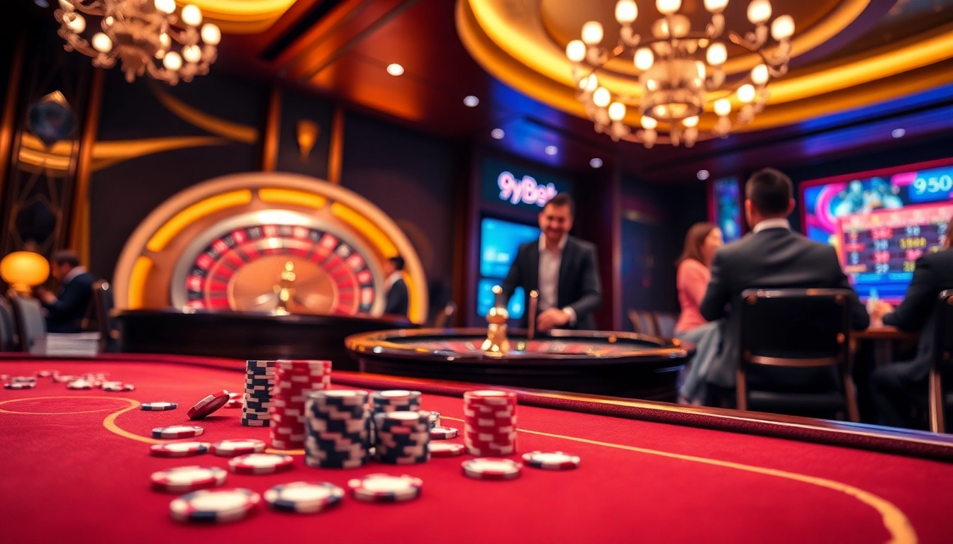 A dynamic gambling scene featuring 9BET with poker chips and a roulette wheel, highlighting excitement and luxury.