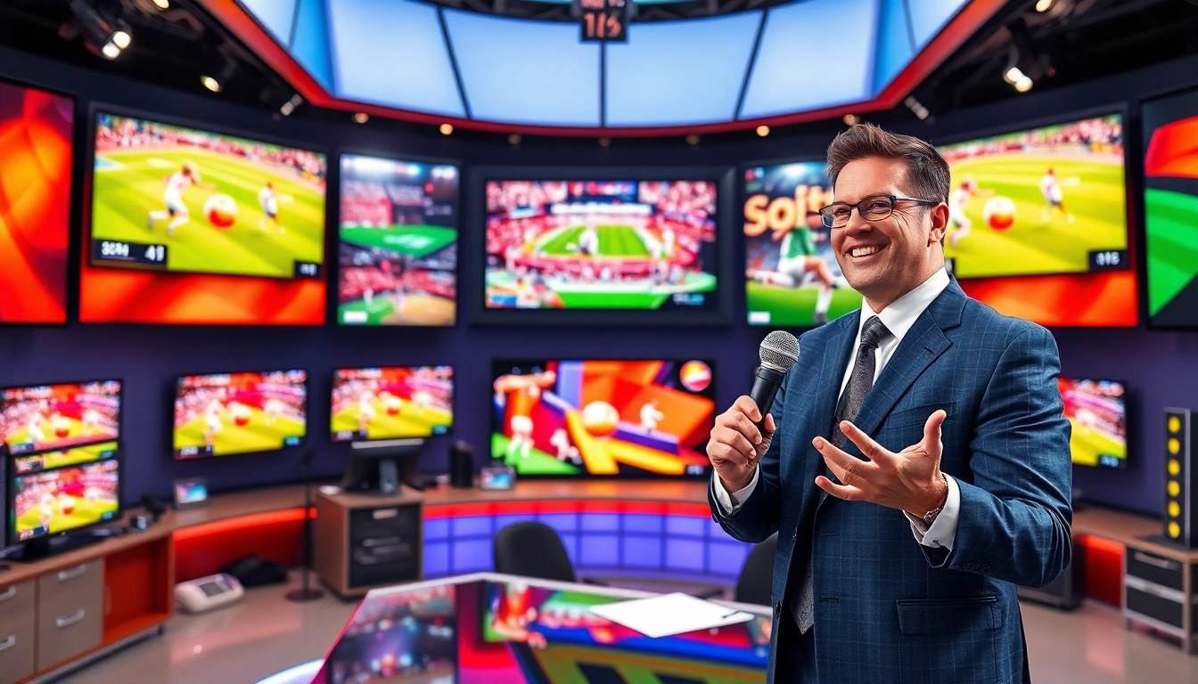 Engaging sports broadcasting scene featuring an energetic anchor in a vibrant studio.