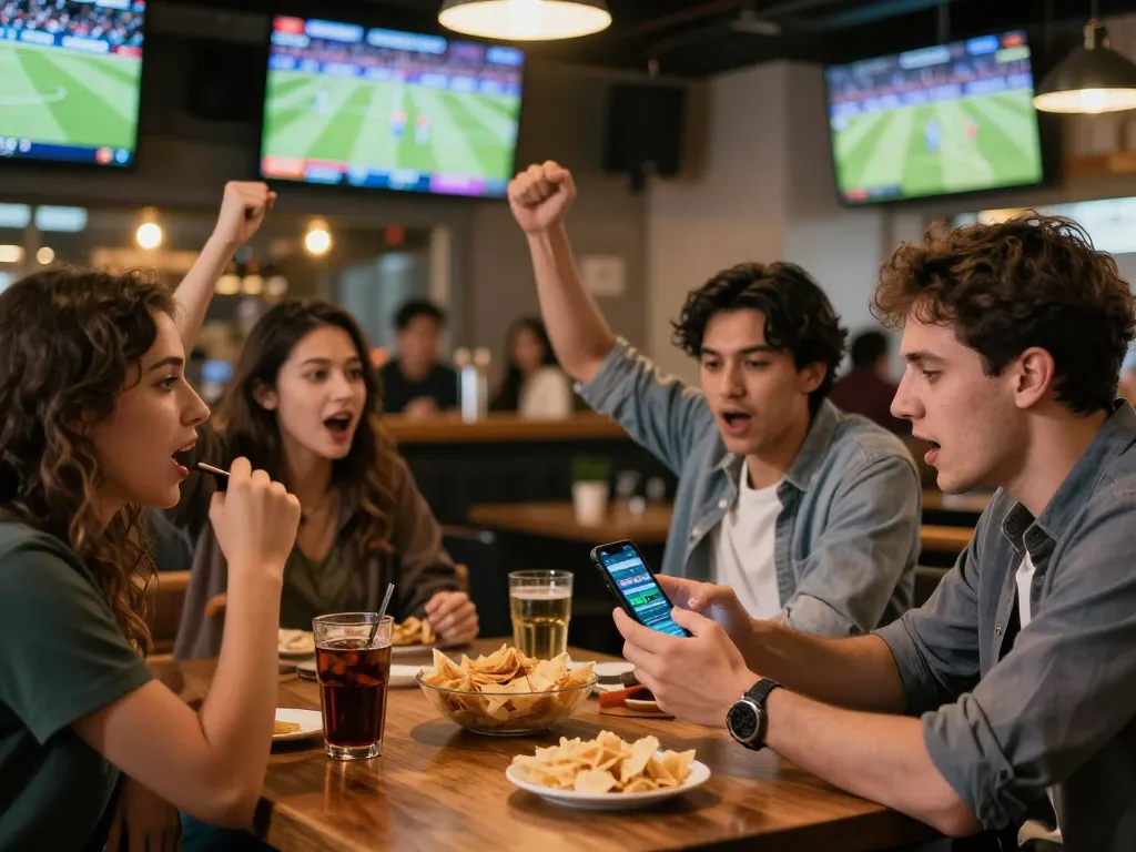 Engaging friends utilizing a keonhacai betting app while watching sports live at a bar