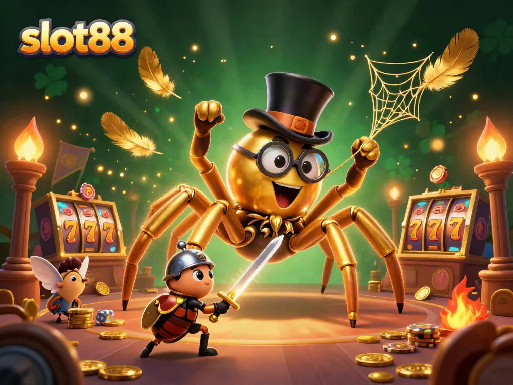 Experience the thrill of slot88 with a cartoon scene of a golden tarantula weaving a web in a vibrant casino setting.