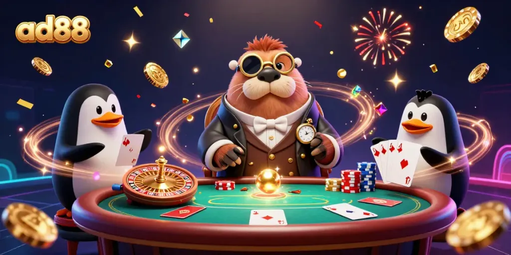 Join the fun with ad88 at an underwater poker game with unique characters and vibrant casino elements.