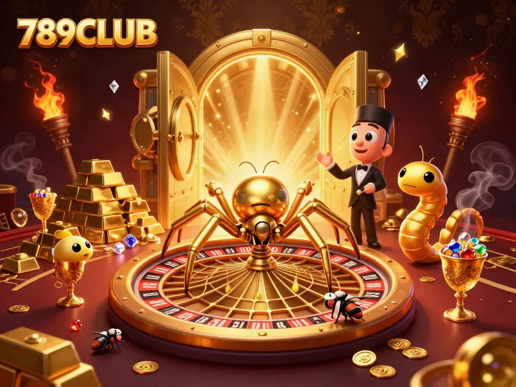 Experience thrills with 789CLUB, featuring a golden roulette web and animated betting characters.