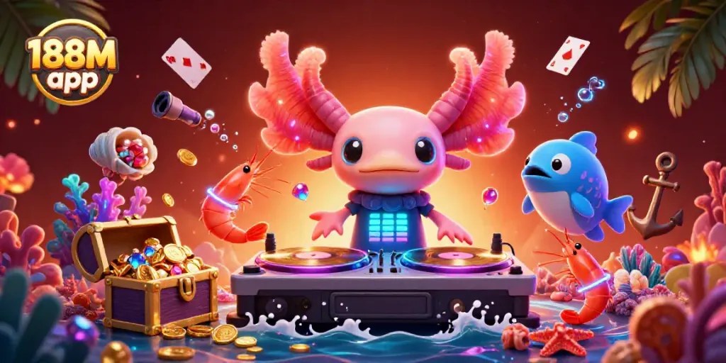 Experience the vibrant 188M app world with a neon-colored DJ and lively underwater characters.