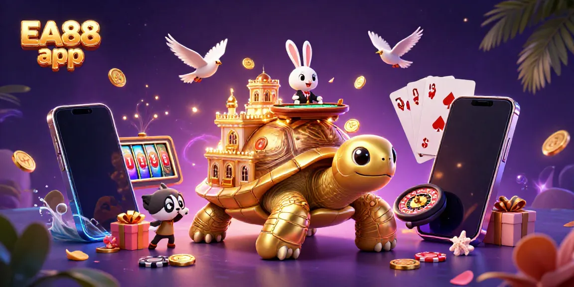 Experience the EA88 app with a colorful casino scene featuring a tortoise, rabbit dealer, and golden coins.
