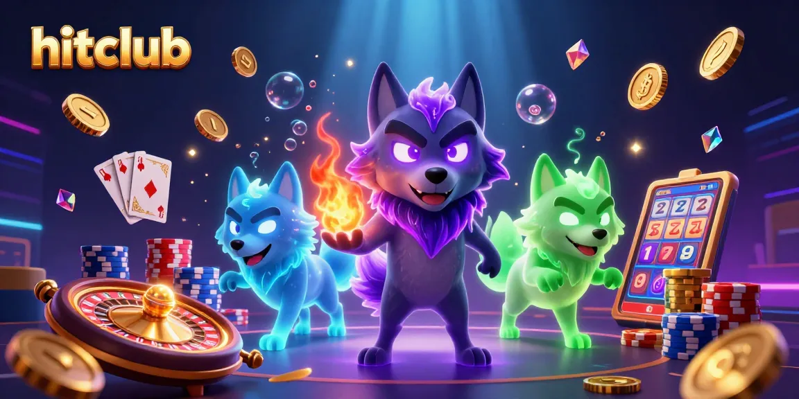 Hitclub offers thrilling casino gaming with vibrant visuals featuring golden coins, 3D roulette wheels, and glowing characters.