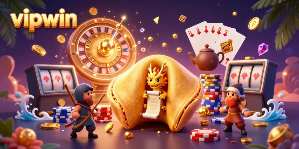 Engage in the vipwin experience with a fantasy-themed 3D casino scene featuring golden treasures and dynamic gameplay elements.