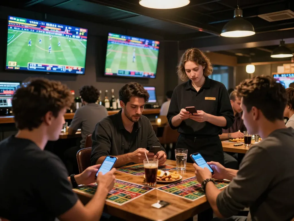 Fans placing bets on their mobile devices at 33win's vibrant sports betting area.