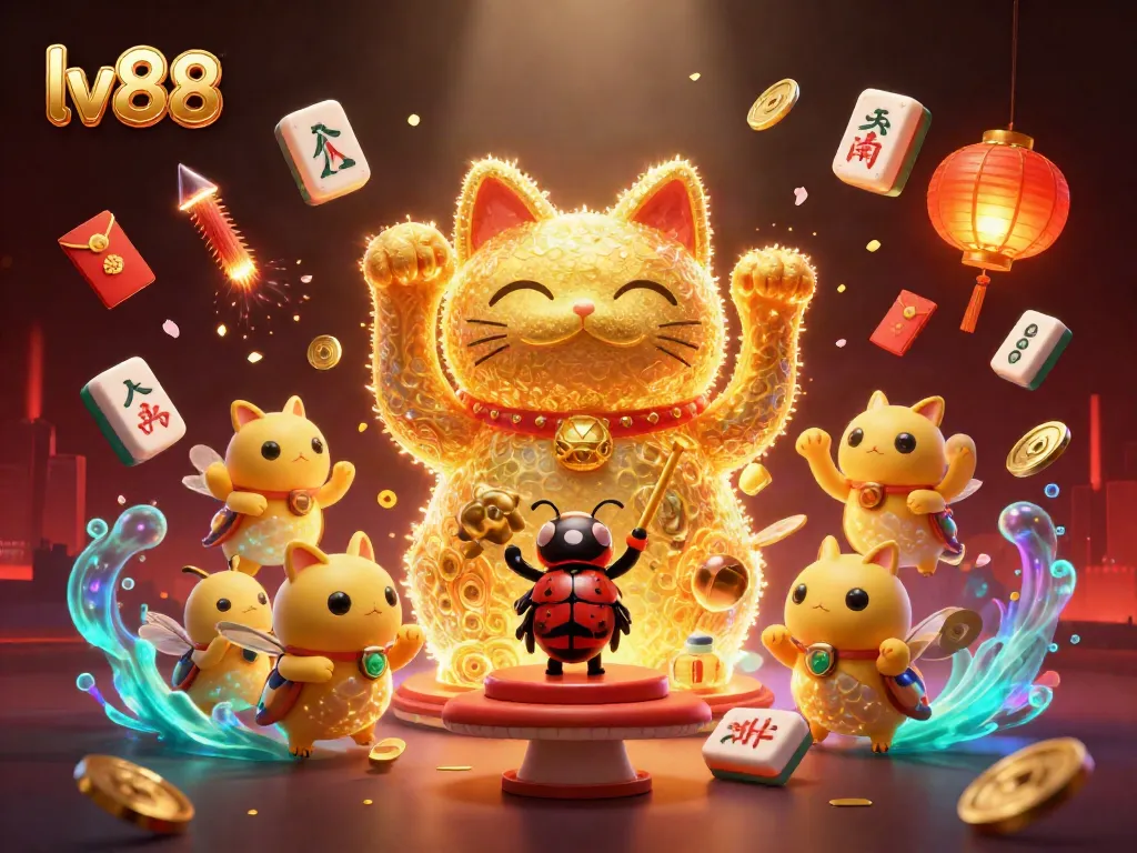 Experience the captivating charm of lv88 with a golden cat surrounded by vibrant casino elements.