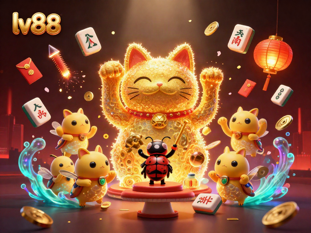 Experience the captivating charm of lv88 with a golden cat surrounded by vibrant casino elements.