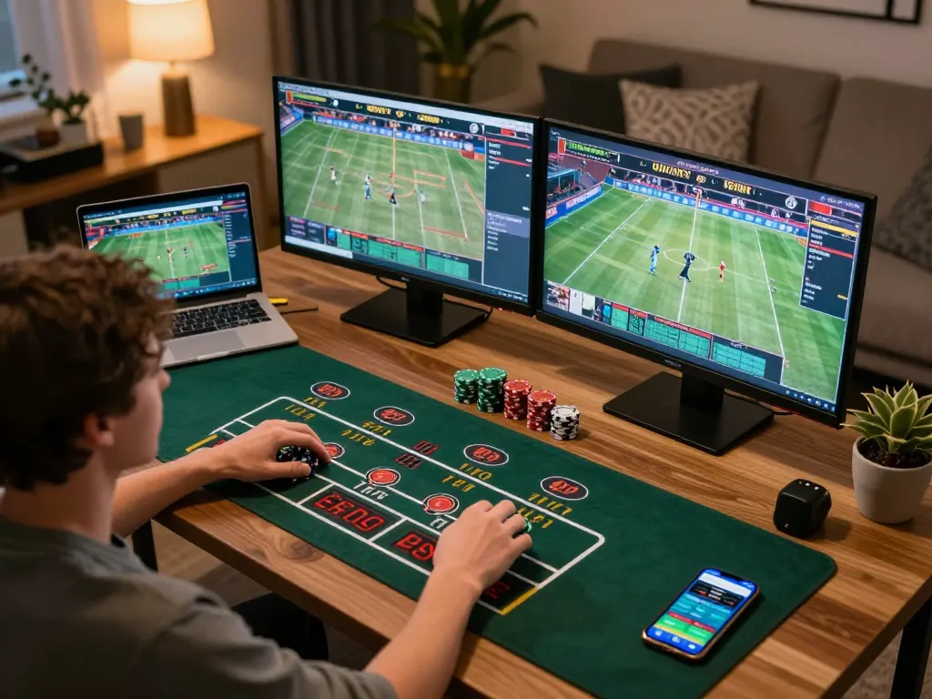 Engaging online gambling moment at https://tr88watch.com/ with multiple screens and a warm ambiance