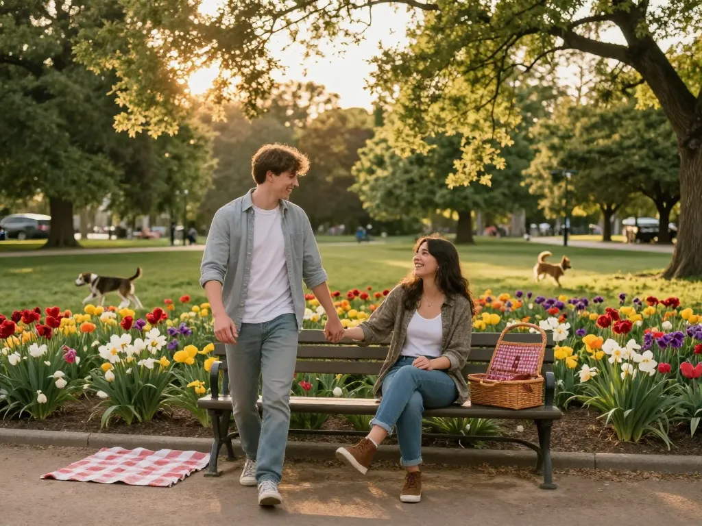 Couple enjoying a moment in the park, highlighting their crush on each other