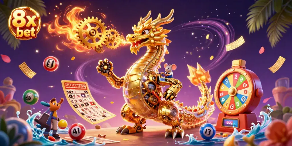 Experience thrilling gaming with 8x bet's golden dragon surrounded by colorful lottery elements.