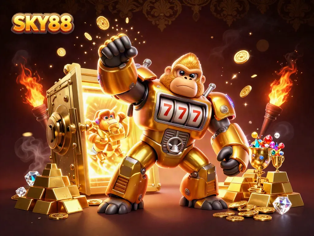 Experience thrilling gameplay at SKY88 with stunning visuals of a golden mech and treasure vault.
