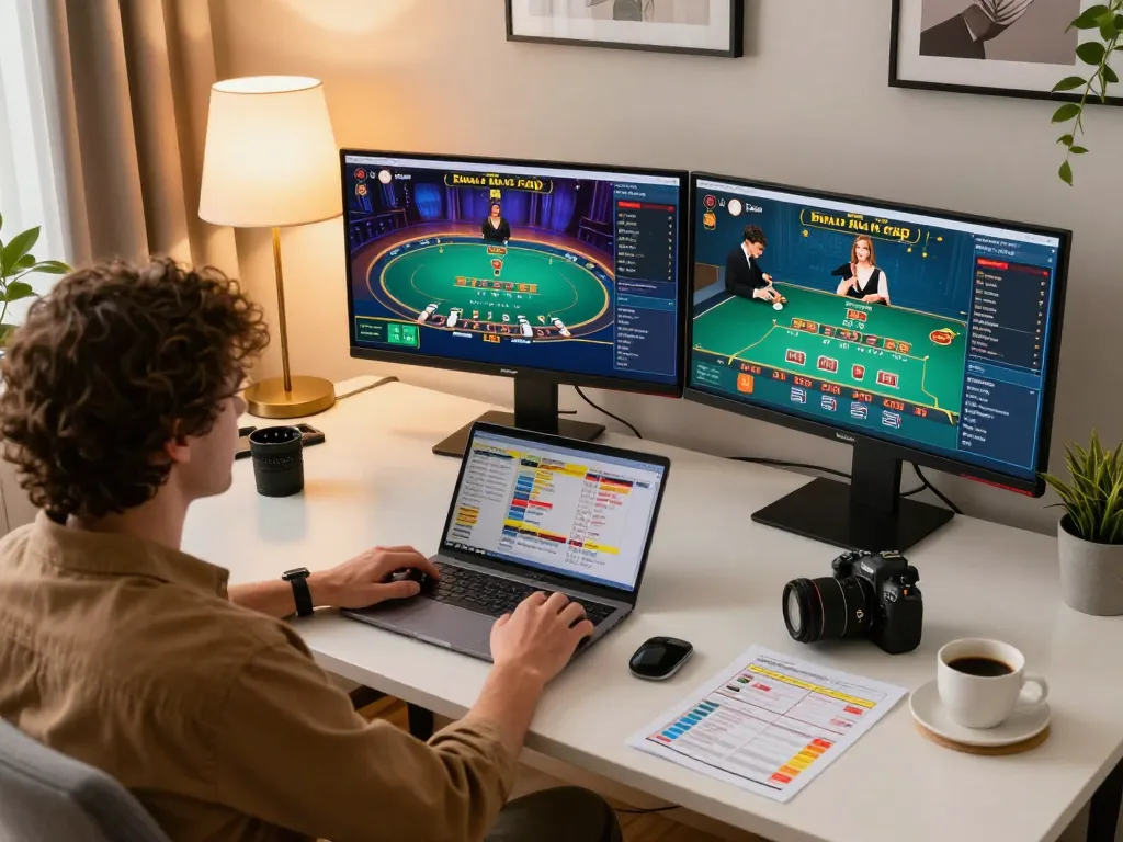 Engaged player enjoying online casino gaming with GA88 blackjack on multiple screens in a cozy home setup