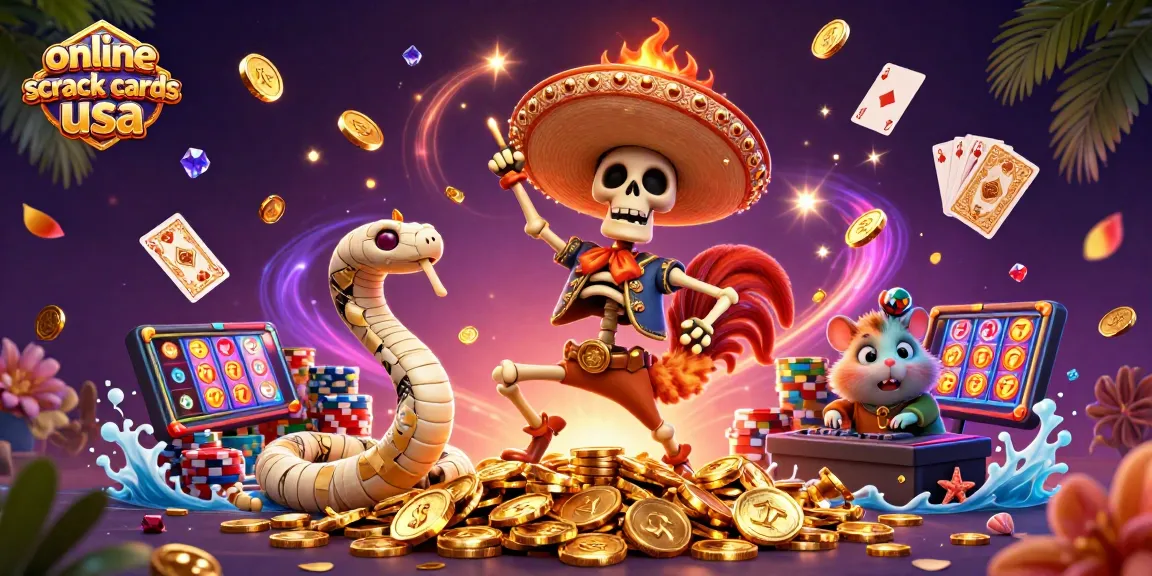 Enjoying online scratch cards usa with a vibrant 3D cartoon scene featuring colorful characters and dynamic elements.