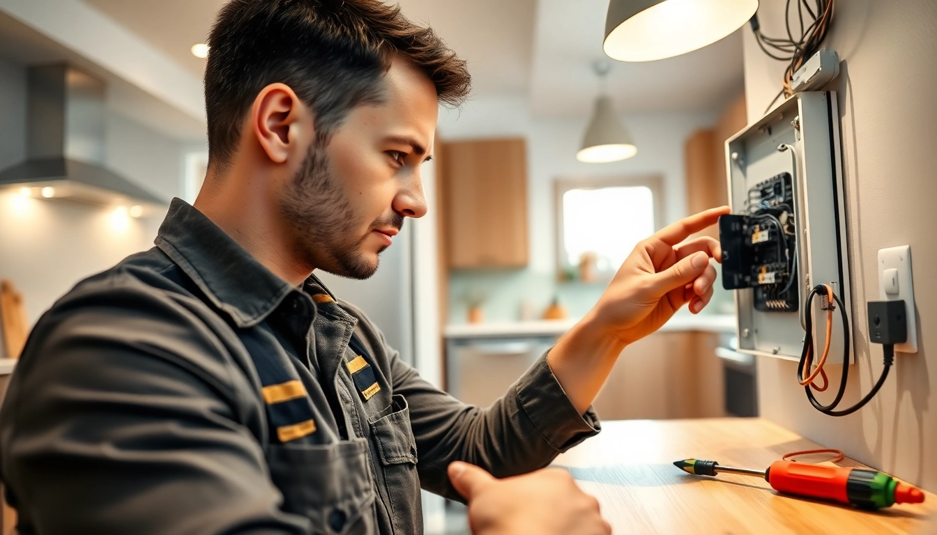 Electrician West Vancouver assessing wiring in a bright modern kitchen setting.