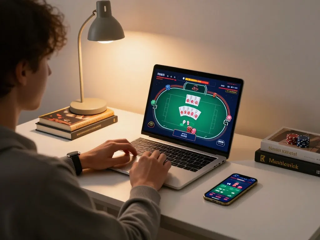 Engaging in online poker gameplay on laptop for Link SC88, showcasing strategic betting and modern setup.