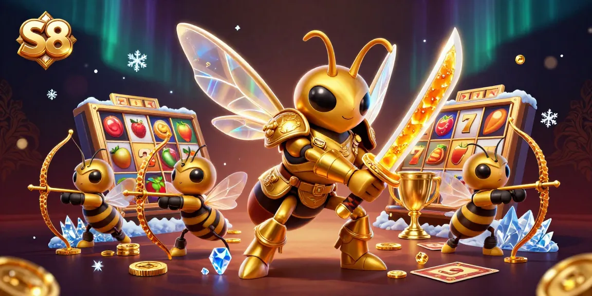 S8 provides thrilling slot experiences with a vibrant illustration of a giant hornet and archers amidst sparkling coins and reels.