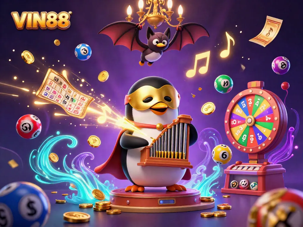 Win big at VIN88 with vibrant casino elements and engaging cartoon characters in a dynamic gaming scene.