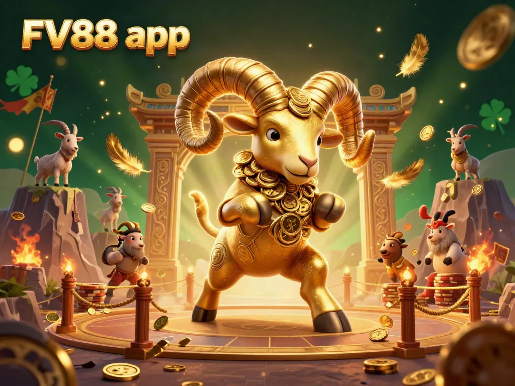 Engage with the FV88 app through a dynamic 3D illustration showcasing a charging golden ram amidst casino excitement.