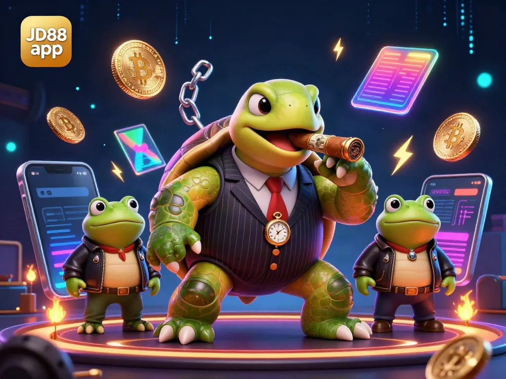 Experience the exciting JD88 app with dynamic characters in a vibrant casino illustration.