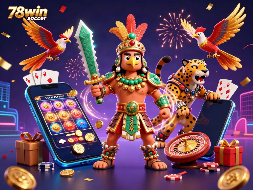 Experience the excitement of 78win soccer with a vibrant 3D illustration of warriors, gaming elements, and dynamic casino action.