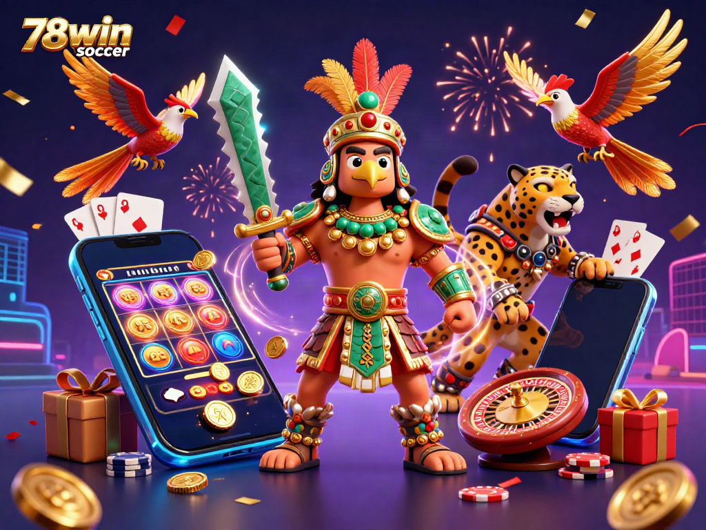 Experience the excitement of 78win soccer with a vibrant 3D illustration of warriors, gaming elements, and dynamic casino action.