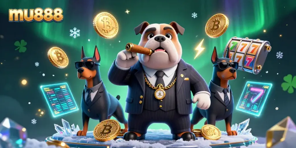 Experience thrilling gaming moments at mu888 with a 3D mafia bulldog overseeing colorful slot reels.