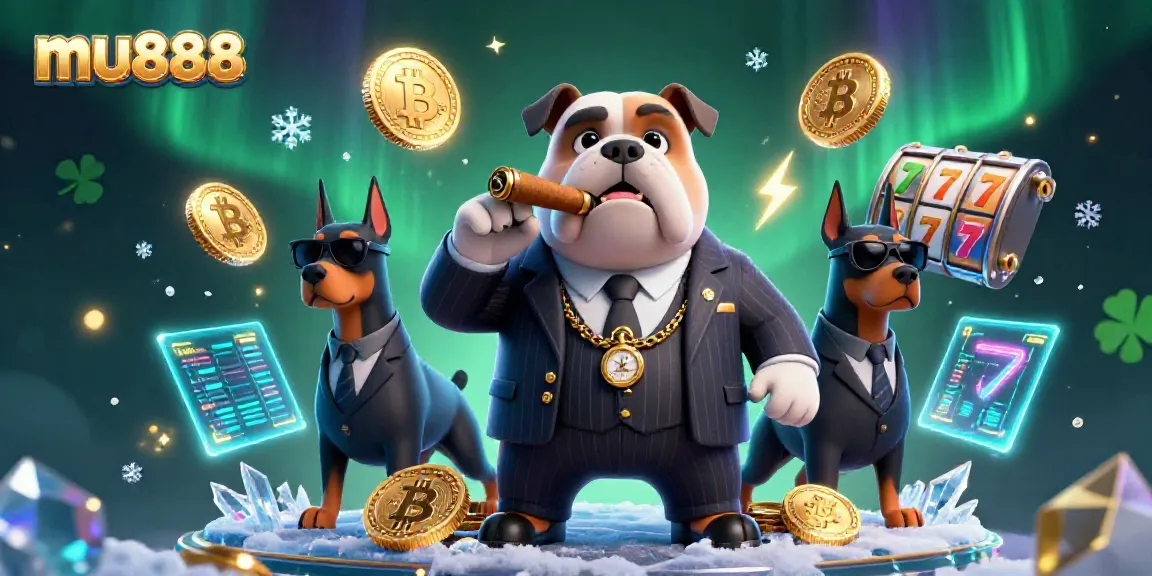 Experience thrilling gaming moments at mu888 with a 3D mafia bulldog overseeing colorful slot reels.
