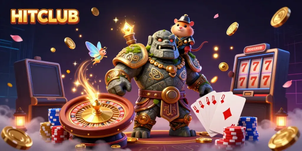HITCLUB showcases a magical casino scene with a golem guardian, fairy, and hamster knight amidst casino elements.