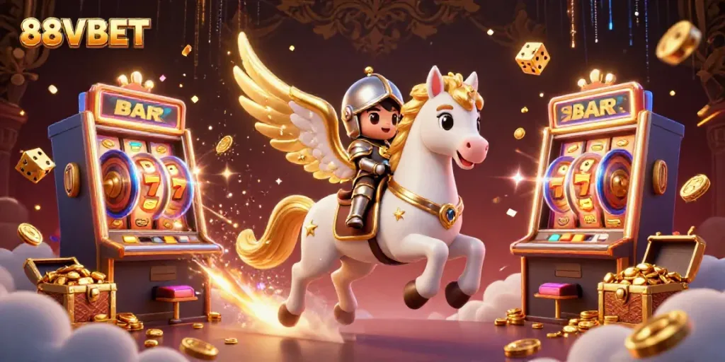 Engage in thrilling slots at 88VBET with vibrant imagery of a knight and celestial horse amidst jackpot excitement.