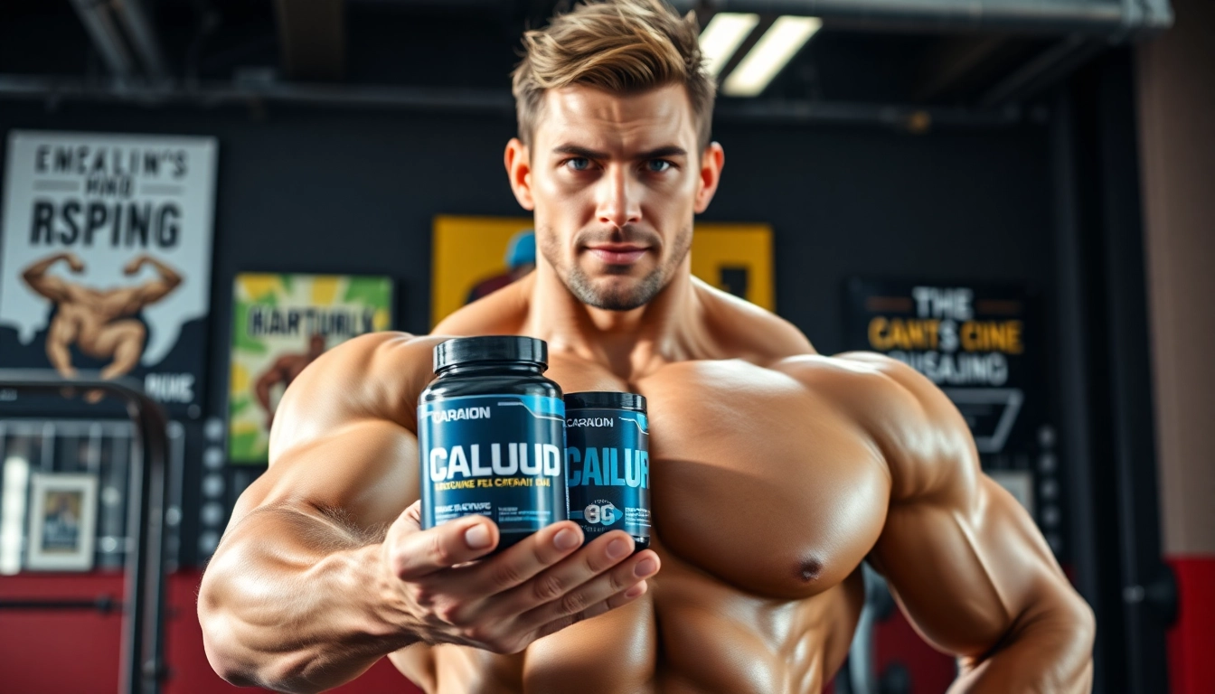 Showcase of Canadian anabolics products by a professional bodybuilder in a gym.