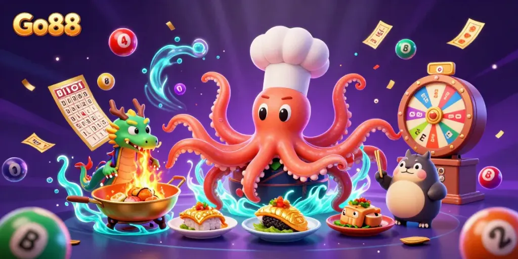 Experience the excitement of Go88 with playful characters and vibrant lottery themes in a dynamic casino scene.