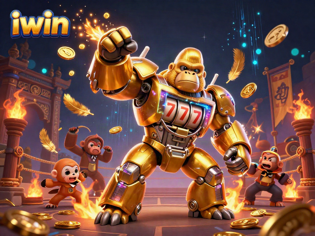 Engage with iwin's exciting gaming adventures featuring a golden gorilla mech against a casino backdrop.