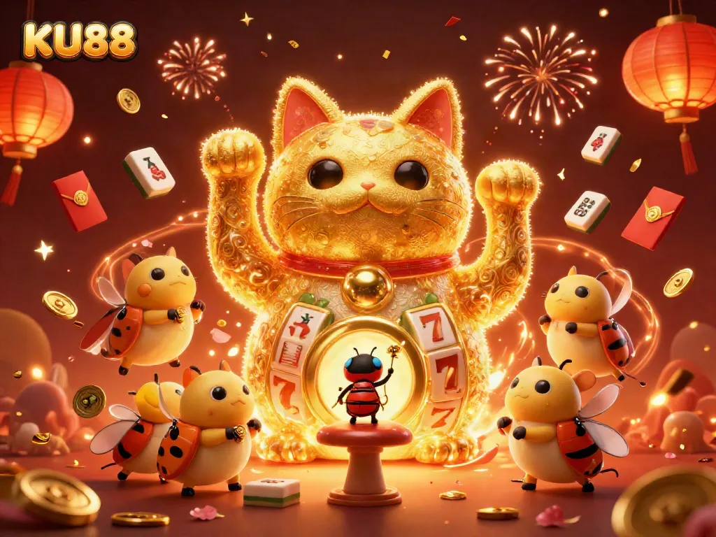 Join the fun at KU88 with a vibrant display of casino elements and a lucky cat symbolizing fortune.