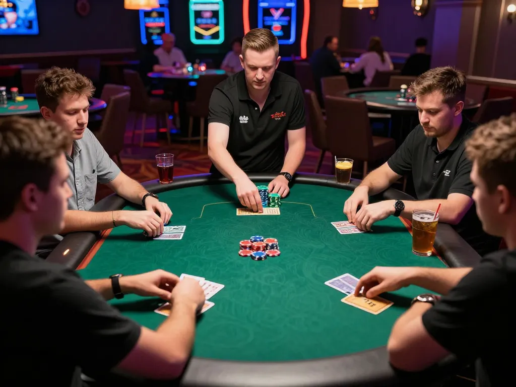 Players engaging in an intense poker game at VK88 casino, showcasing strategic gameplay and vibrant atmosphere.