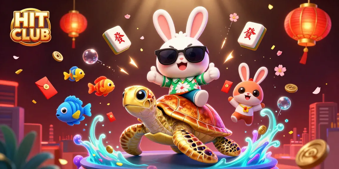 Win big at HIT CLUB with the lucky rabbit and golden turtle in a vibrant casino scene.