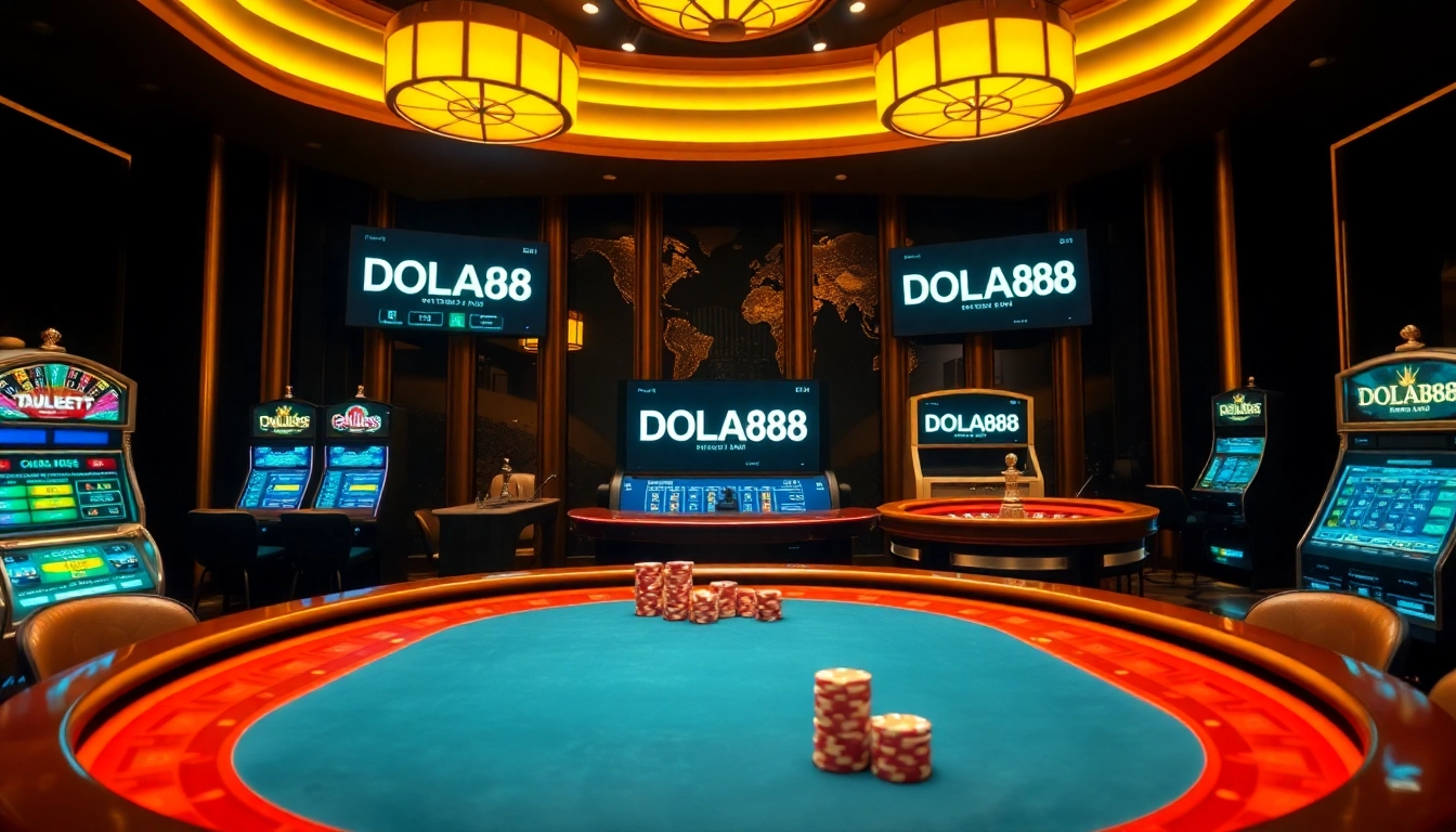 DOLA88 captivating online casino experience with poker table, dice, and vibrant slot machines.