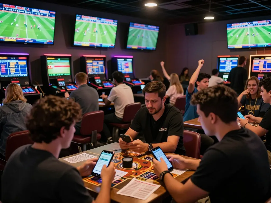 Exciting sports betting action at vsc10 with fans placing bets and watching live matches.