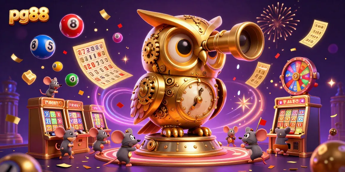 Engage in exciting gameplay with pg88's vibrant casino scene featuring a golden owl and lottery elements.