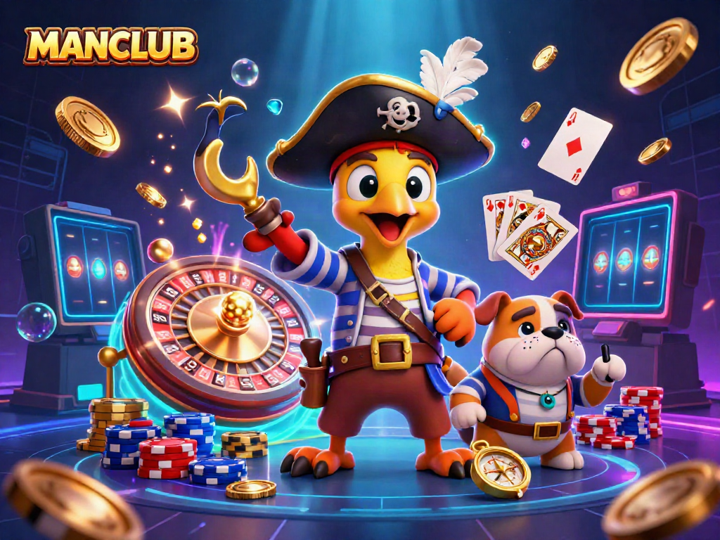 Unleash fun and excitement with MANCLUB's vibrant casino scene featuring characters and dynamic game elements.