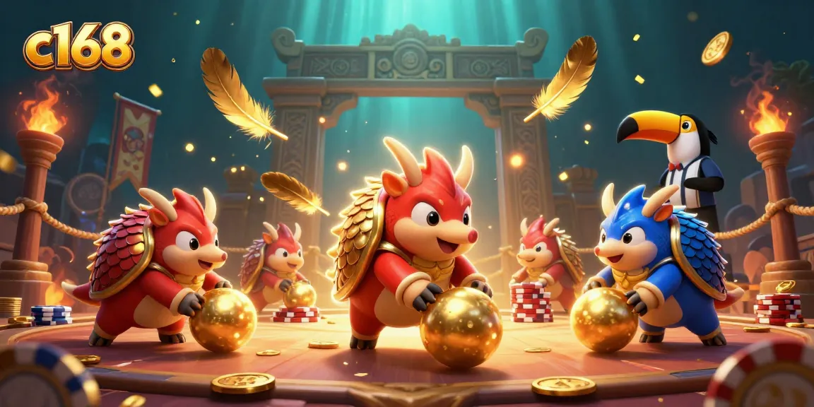 Experience the excitement of c168 with rival pangolins bowling through poker chips in a dynamic casino scene.