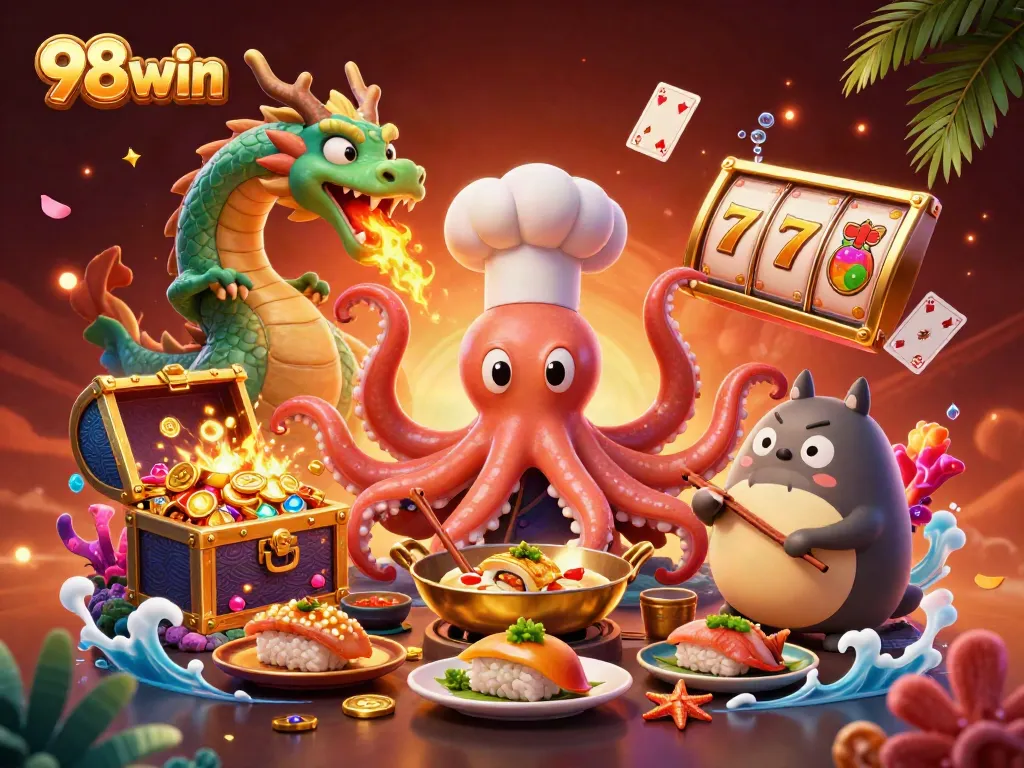 Experience the thrill of 98win with lively 3D characters in a bustling casino scene.