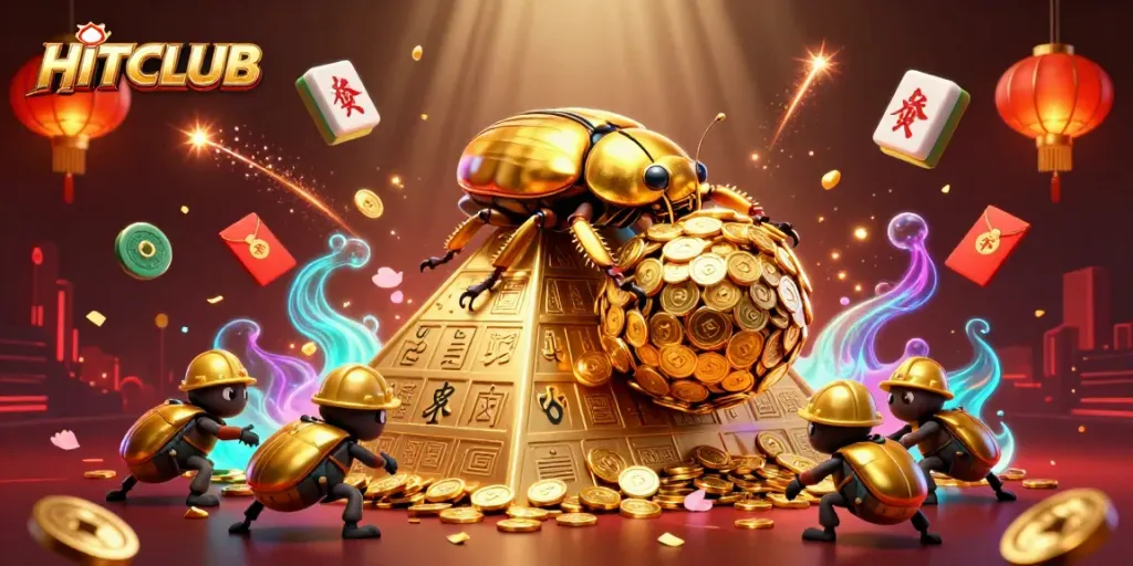 Experience thrilling gameplay with HITCLUB’s vibrant 3D illustration of a golden beetle rolling coins.