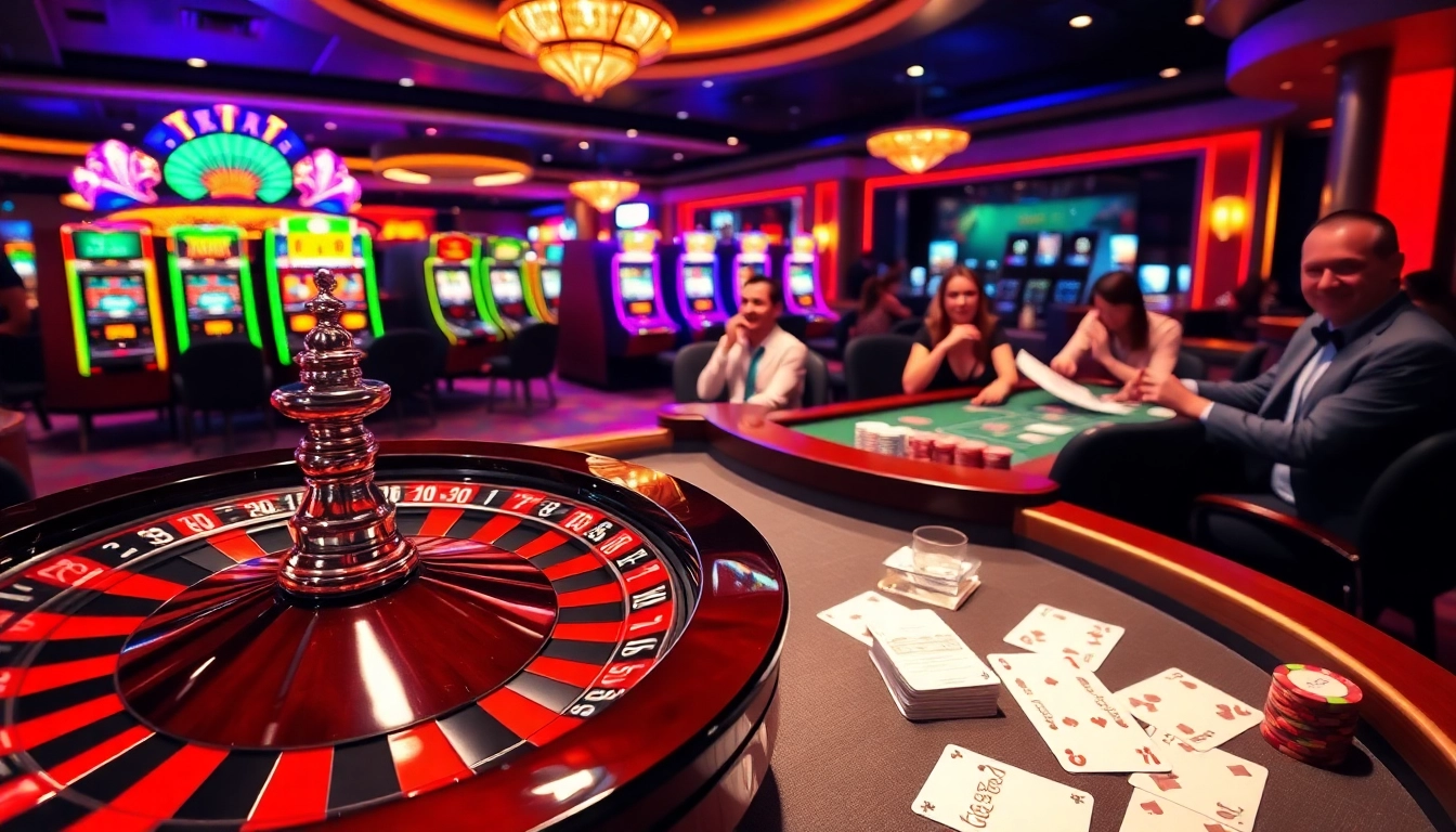 Bettors enjoying a thrilling game at lu88 casino with roulette and poker tables.
