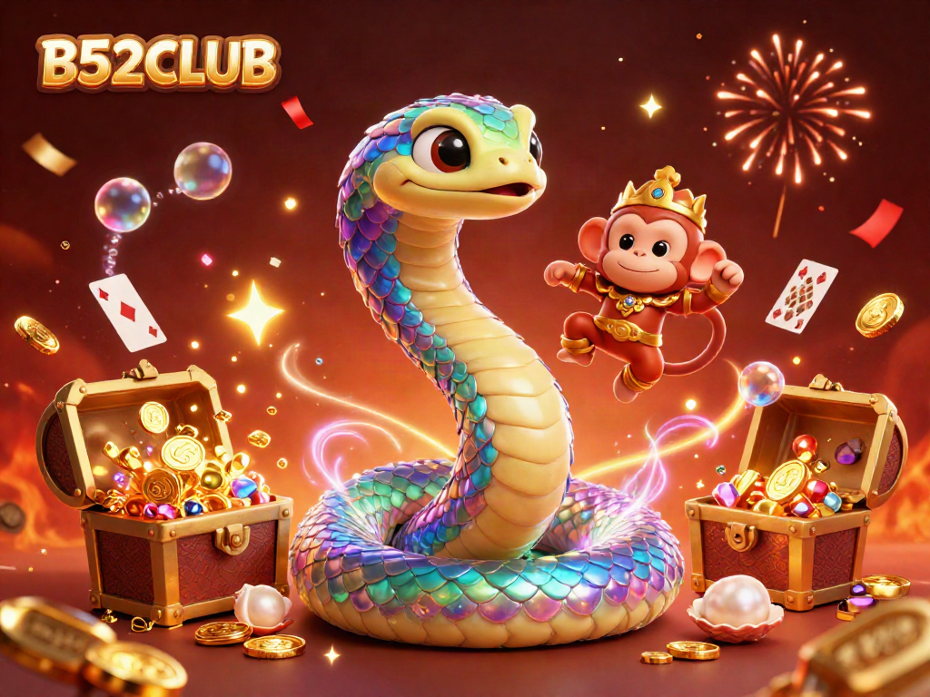 B52CLUB showcases vibrant online gaming excitement with a dynamic rainbow serpent and playful monkey king.