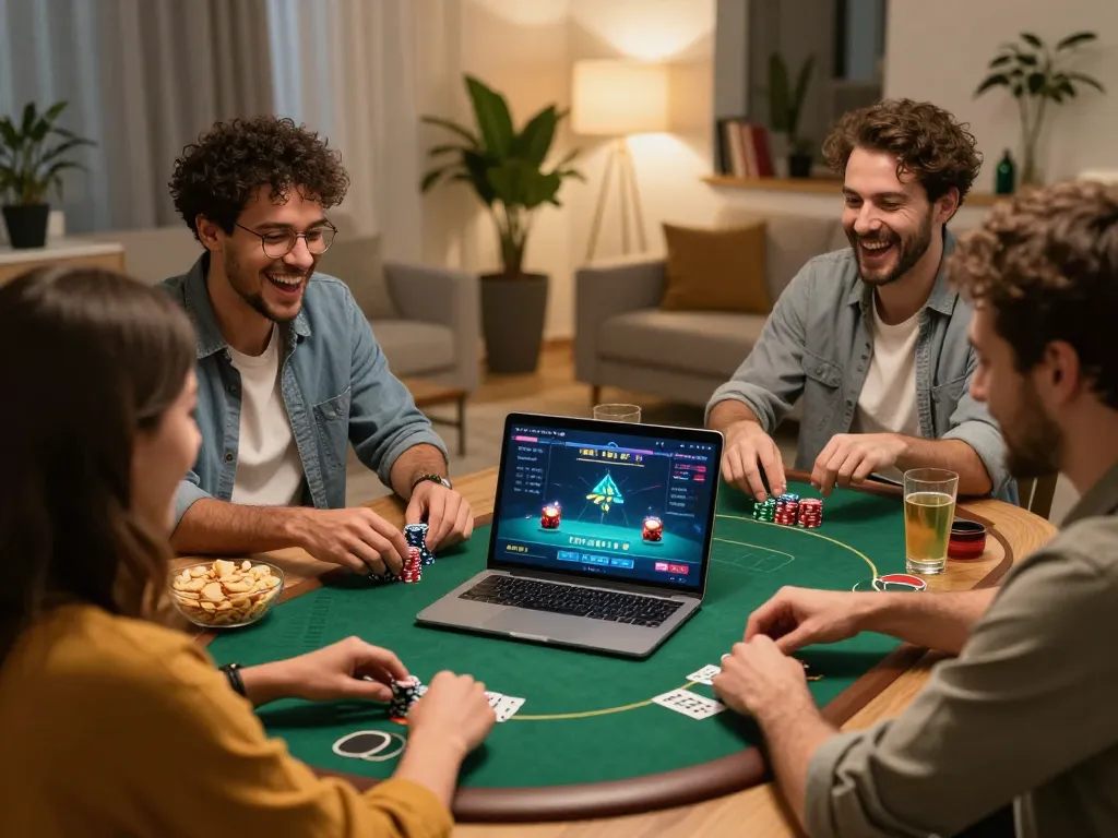 Players enjoying an online poker game at home with the fly88 interface on screen.
