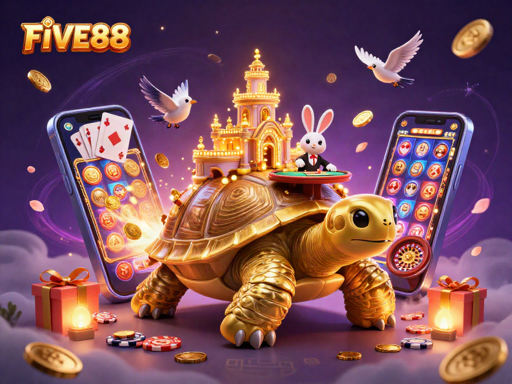 Engage with FIVE88's vibrant casino atmosphere, where winning awaits at the golden tortoise's shell.