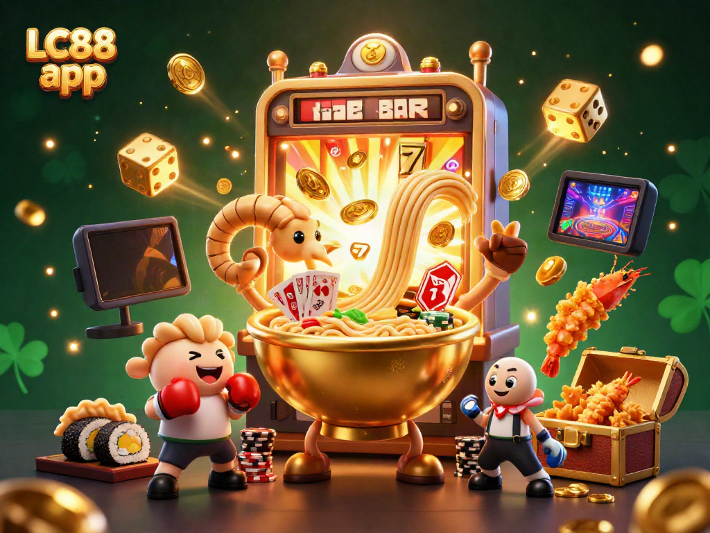 Experience the excitement of the LC88 app with a giant ramen bowl dealer in a colorful casino setting.