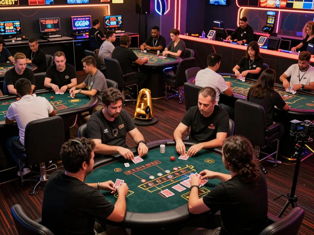 Players enjoy thrilling games at GG88, showcasing competitive blackjack and poker tables in a vibrant gaming arena.